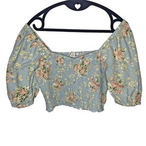AMERICAN EAGLE Top Cropped Smocked Sweetheart Neck Puff Sleeve Womens S Blue